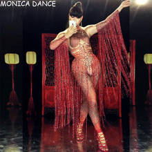Sexy Glisten Crystal Red Jumpsuit Long Tassel Rhinestone Jumpsuit Women Outfit Nightclub Singer Costume Stage Dance DS Jumpsuit 2024 - buy cheap