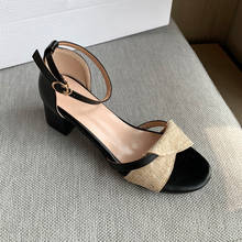 YQBTDL-Sandalias de tacón cuadrado de cáñamo para mujer, zapatos de verano, color Beige, con correa en el tobillo 2024 - compra barato