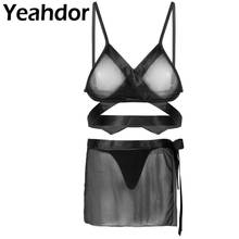 3Pcs Women Spaghetti Straps Wrap Around See Through Sheer Mesh Bra Top Tie + Side Mini Skirt G-string Briefs Sexy Lingerie Set 2024 - buy cheap