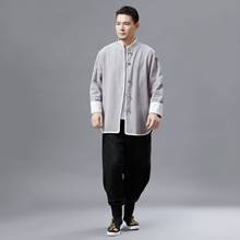 Camisa masculina de linho tai chi kungfu, jaqueta solta de manga longa e de linho de secagem rápida, conjunto de artes marciais casual para meditação e exercícios 2024 - compre barato