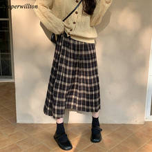 Chic Long Pleated Skirt Plaid Yellow Black elastic waist Vintage Female Shirt High Waist Cotton Women's Skirt Autumn 2024 - buy cheap