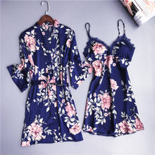 Conjunto de pijama azul marino con tirantes para mujer, ropa de dormir de 2 piezas, camisón Sexy, Kimono, bata de baño, M-XXL 2024 - compra barato