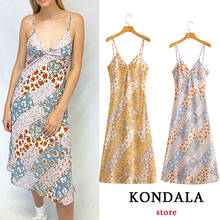 KONDALA Women Dress Za Fashion 2021 Floral Print Vintage Summer Dress Sleeveless Strap Dress Bow Chiffon V Neck Sexy Vestidos 2024 - buy cheap