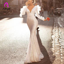 Женское длинное платье-макси с блестками серебристого цвета, 2020, прозрачное облегающее платье с оборками на рукавах, винтажное женское вечернее сексуальное платье-русалка, Vestidos 2024 - купить недорого