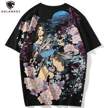 Aolamegs Cherry Blossoms Japanese Geisha Print T-shirts Men's All-match Loose Tshirts Casual Tops Tees Shirts Hip Hop Streetwear 2024 - buy cheap