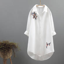 2021 Autumn Winter New Women Long White Shirts Office Lady Flower Embroidery Loose Elegant Blouse Outwear Tops 2024 - buy cheap