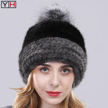 New Style Lady Fashion Real Mink Fur Hats Winter Warm 100% Natural Mink Fur knitted Hat With Fluffy Silver Fox Top Of Hat 2024 - buy cheap