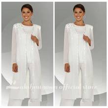 White Chiffon Mother of the Bride Pant Suits With Jacket Long Blouse Sequins Beaded Mother of Groom Dresses 3 Pieces 2024 - buy cheap