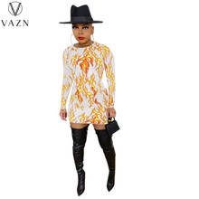 VAZN 2021 Summer Ladies Casual Fashion Street Slim Sexy Pure Color Print Flame Print Long-Sleeved Dress 2024 - buy cheap