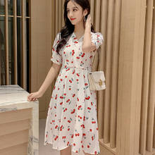 Summer 2021 Chiffon Boho Korean Casual Party Vacation Runway Vestidos Floral Print New Women Midi Cherry Dresses 2024 - buy cheap