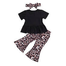 3 pçs roupas de verão bebê menina cor sólida manga curta camiseta + leopardo flare pants + turbante 2024 - compre barato