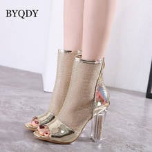 BYQDY Summer Boots Sexy Golden Bling Gladiator Woman Shoes Peep Toe Clear Chunky High Heels Female Boots Gold Shoes with Zipper 2024 - buy cheap