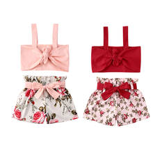 Summer Toddler Baby Girl Clothes Solid Color Strap Crop Tops Flower Print Shorts 2Pcs Outfits Kids Girls Casual Clothes Set 2024 - buy cheap