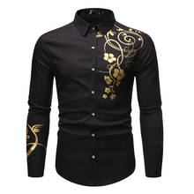 Fashion Gold Flower Floral Print Shirt Men 2022 Brand Black Slim Fit Long Sleeve Mens Dress Shirts Business Casual Chemise Homme 2024 - buy cheap