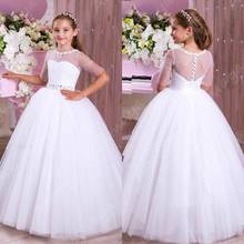 White Tulle Puffy First Communion Gowns O Neck Beaded Crystal Pageant Half Sleeves Vestidos Niñas Flower Girl Dresses 2024 - buy cheap