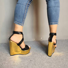 Newest Women Fashion Open Toe Suede Straps High Platform Straw Bottom Wedge Sandals Gold Black High Heel Wedges Summer Shoes 2024 - buy cheap