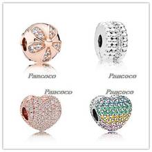 925 Sterling Silver Bead Rose Gold Pave Open My Heart Clip Charm Fit Pandora Women Bracelet & Necklace Diy Jewelry 2024 - buy cheap