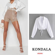 KONDALA Za Women Fashion White New Summer Shirt High Street Blouse Sexy Cropped Deep V Neck Tie Tops Mujer Elegant Mujer Blusas 2024 - buy cheap