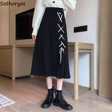 Women Skirts Design Autumn Winter New Black All-match High Waist A-line Sweet Lace-up Vintage Soft Solid Fashion Korean Style 2024 - buy cheap