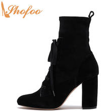 Black Woman Ankle Boots High Chunky Heels Almond Toe Booties Zipper Large Size 12 15 Ladies Fashion Lace Up Sexy Shoes Shofoo 2024 - buy cheap