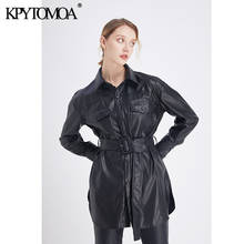 KPYTOMOA Women Fashion PU Faux Leather With Belted Jacket Coat Vintage Long Sleeve Pockets Side Vents Female Outerwear Chic Tops 2024 - buy cheap