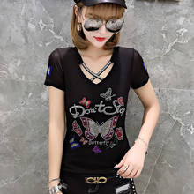 Blusas coreanas de moda de verano para Mujer, camiseta Sexy ahuecada con letras de diamantes y mariposas, camisetas de malla de retazos para Mujer 2024 - compra barato