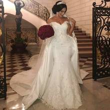 Elegant Mermaid Wedding Dresses With Detachable Train Off Shoulder Bridal Dress Applique Satin Lace Plus Size Wedding Vestidos 2024 - buy cheap