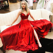 Satin Prom Dresses Red Two Pieces A Line Sexy V Neck Party Dress High Slit Long Gown Hot Evening Dress Plus Size Prom Dress 2024 - buy cheap