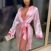 Сексуальный женский Атласный халат Мода с принтом доллара с длинным рукавом шелковистые кимоно халаты пижамы с поясом 2024 - купить недорого
