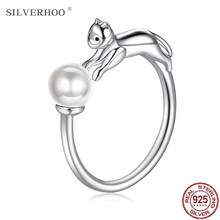 SILVERHOO Real Sterling Silver 925 Rings For Women Cute Kitten Cat And Ball Shell Pearl Adjustable Ring Christmas Gift To Friend 2024 - buy cheap