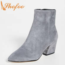 Gray Flock High Chunky Heels Ankle Boots Pointed Toe Zipper Booties Woman Large Size 13 16 Ladies Winter Fashion Shoes Shofoo 2024 - buy cheap