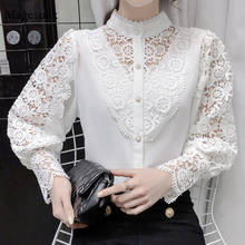 Blusa feminina branca de manga longa e renda, camisa elegante com gola alta para mulheres, camisas para primavera 12948 2024 - compre barato