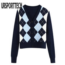 URSPORTTECH Women Sweaters 2020 Vintage Geometric Rhombic Knit Cardigan Sweater Women Fashion Autumn Warm Long Sleeve Outerwear 2024 - buy cheap