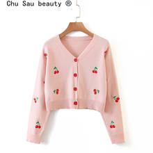 New 2020 Sweet Cute Kawaii Pink Cherry Embroidery Women Autumn Knitted Cardigan Tops  Chic V-neck Single-breasted Sweaters 2024 - buy cheap
