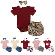Conjuntos de verão para bebês recém-nascidos, roupas para meninas, macacão + shorts estampados com flores + tiara, conjunto de roupas 2024 - compre barato
