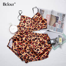 Bclout conjunto feminino elegante de estampa de leopardo, camis de cetim e bermuda de cintura alta, conjunto de duas peças em seda, moda primavera 2021 2024 - compre barato