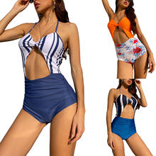 Bañador a rayas de una pieza para mujer, ropa de baño informal para playa, traje de baño con estampado Floral y cuello en V sin mangas, traje de baño Halter 2024 - compra barato