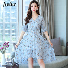 Jielur Chiffon Summer Dress Short Sleeve Floral Robe Femme V-neck Elastic Waist Vacation Women Dress Boho Leisure Abiti Donna 2024 - buy cheap