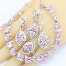 Geometric Pink Zircon 925 Silver Jewelry Sets for Women Bracelet Hoop Earrings Necklace Pendant Ring Gift Box 2024 - buy cheap