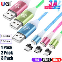 Ugi 3 pces 3in1 cabo magnético fluindo luz led tipo luminoso c usb c micro cabo usb para iphone samsung xiaomi oneplus motorola 2024 - compre barato