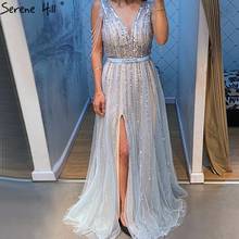 Serene Hill Blue A-Line Luxury Beading Sparkle Evening Dress 2020 Dubai V-Neck Sleeveless Formal Party Wear Gown CLA70622 2024 - buy cheap