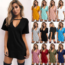 European and American fashion sexy new solid color V-neck hanging neck hollow short-sleeved dress T-shirt dress comfortable cool 2024 - buy cheap