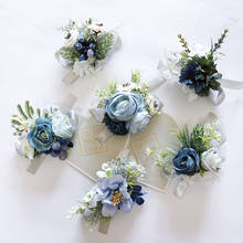 Silk Roses Wrist Corsage Bracelets Wedding Boutonnieres Bridesmaid Groom White Blue Hand Flowers Marriage Prom Accessories 2024 - buy cheap