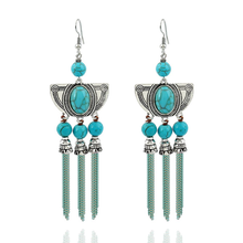 Silver Plated Alloy Geometric Green Turquoises Stone Drop Earrings with Tassels Bohemian Style Jewelry 2024 - buy cheap