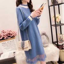 3 colors Medium Long Lace Patchwork Wool Women Spring And Autumn blue beige black Pullover Sweater Dress plus size Dress Women 2024 - buy cheap