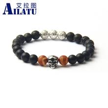 Ailatu-pulsera de acero inoxidable con cabeza de calavera para hombre, brazalete con cuentas de piedra de Lava de ónix mate Natural, joyería Masculina 2024 - compra barato