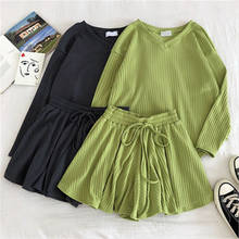 Casual Fashion 2 Pcs Women Set V Neck Long Sleeve Loose Knit Top + High Waist Hip Elastic Wide Leg Shorts Wild Suit PZ3360 2024 - buy cheap