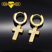 ICEOUTBOX-pendientes de circonia cúbica para hombre y mujer, aretes de Cruz ostentosos, de cobre dorado, joyería Rock Hip Hop 2024 - compra barato