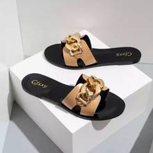 New Ladies Slippers and Sandals Fashion Black Metal Chain Decorated Flat Sandals Round Toe Women Slides Female Beach Shoes 37-42 2024 - buy cheap
