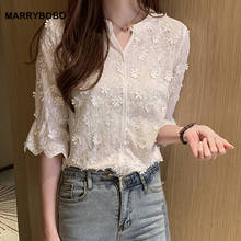 Camisa blanca de algodón para mujer, blusa elegante con bordado Floral, Tops de oficina coreanos, camisas informales de encaje de media manga 2021 2024 - compra barato